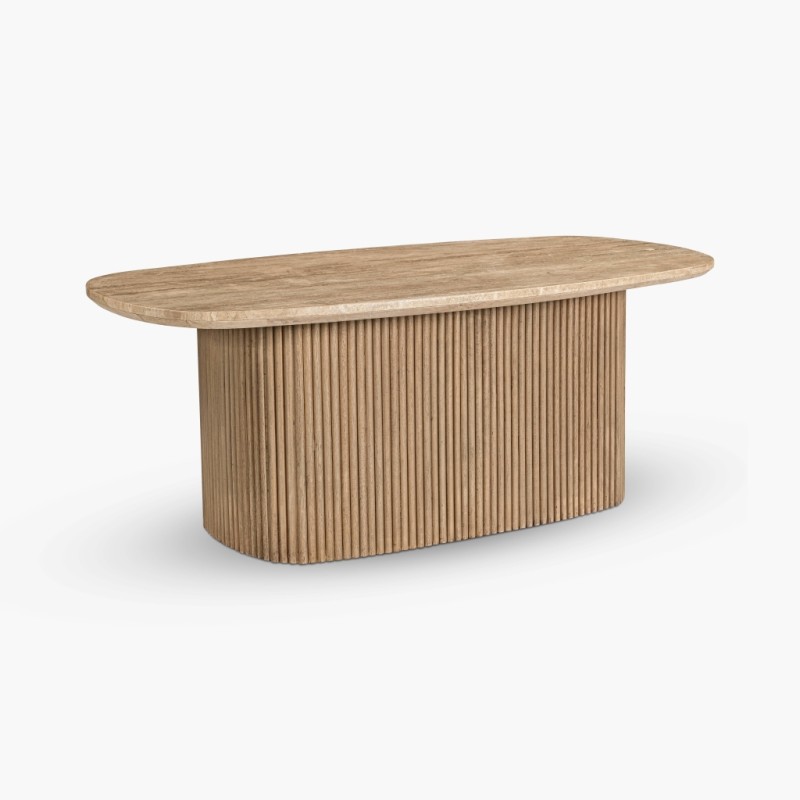 IFIPF-1001 Oval Coffee Table with Travertine Marble, Fluted Base