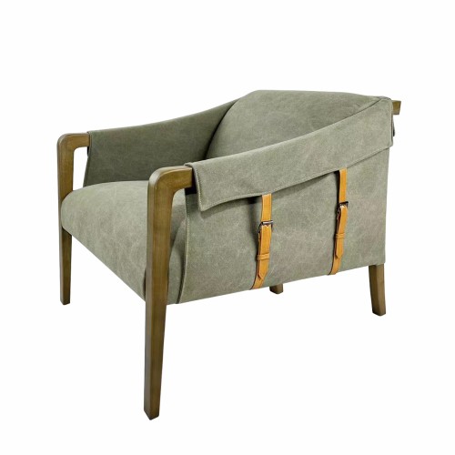 Delphine Club Chair in 013 Denim Fabric, 8010 Top Grain Leather Straps